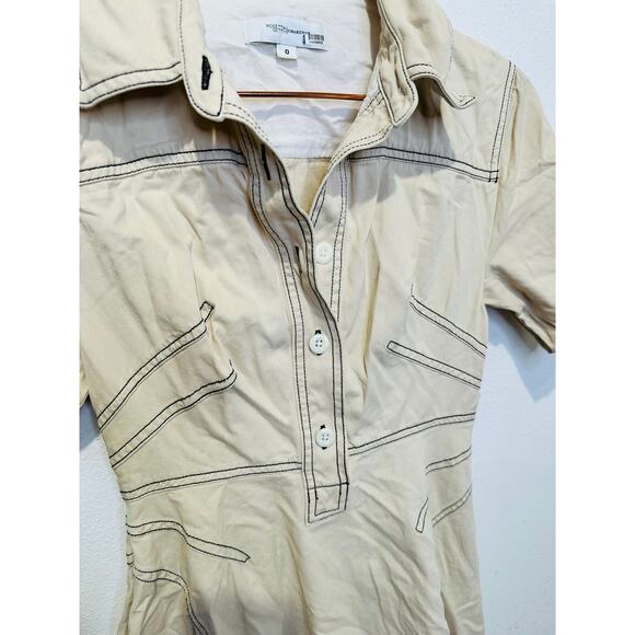 ROSETTA GETTY x RTR Beige Twill Collared Short Sleeve Bone Stitching Dress 0 - Picture 7 of 14